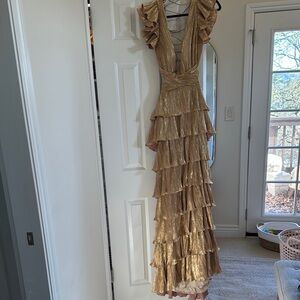 Gold Tiered Ruffled Gown with Plunge Neckline